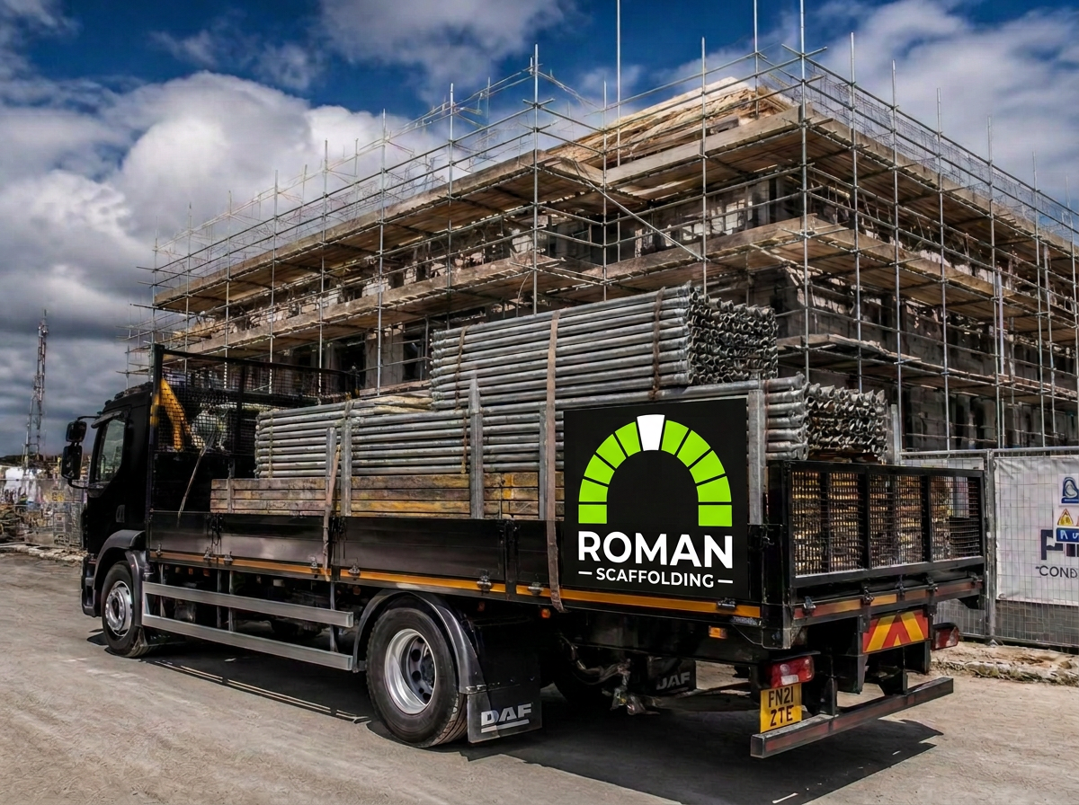 Scaffolding lorry loaded with poles at a new build site
