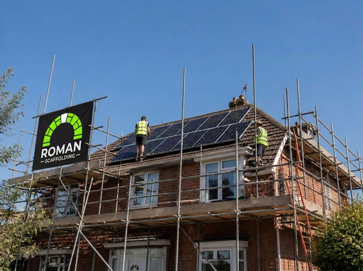 Solar panels being installed on a roof with Roman Scaffolding access in place